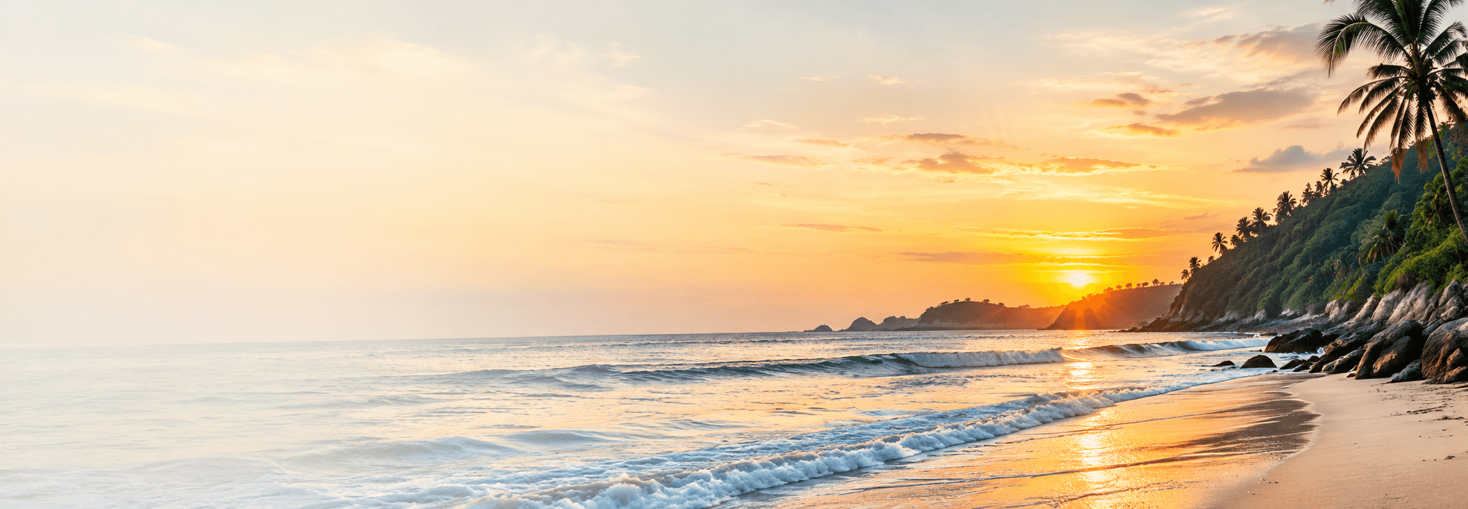 Golden hour tropical shoreline in Goa