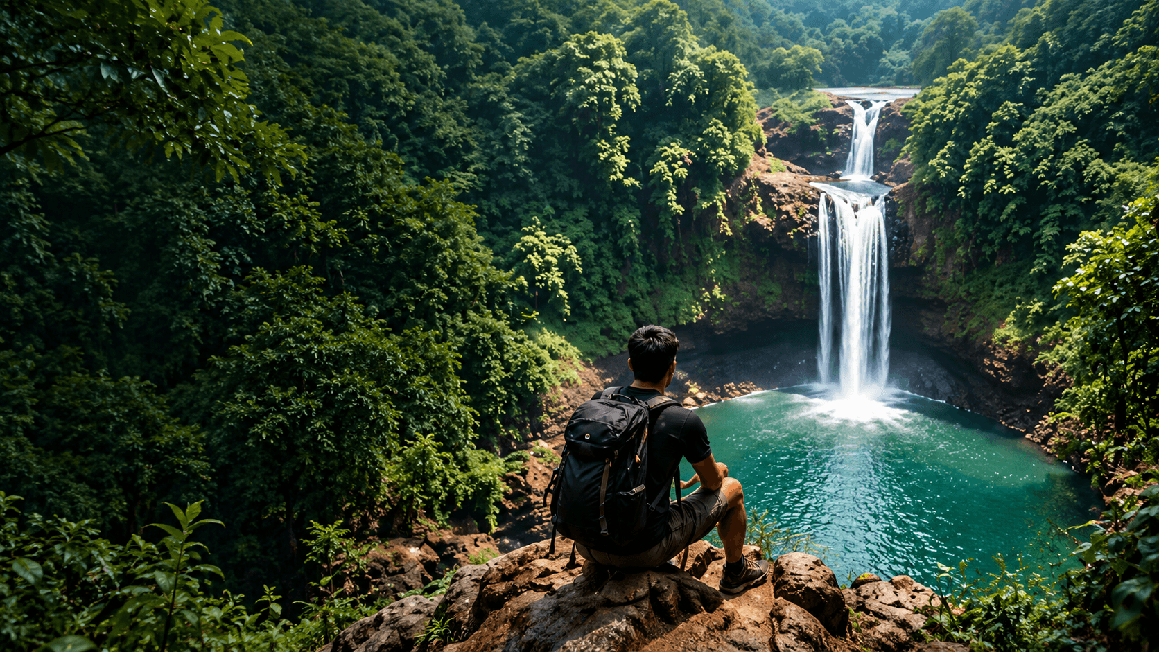Lone hiker beside wild Goan jungle waterfall